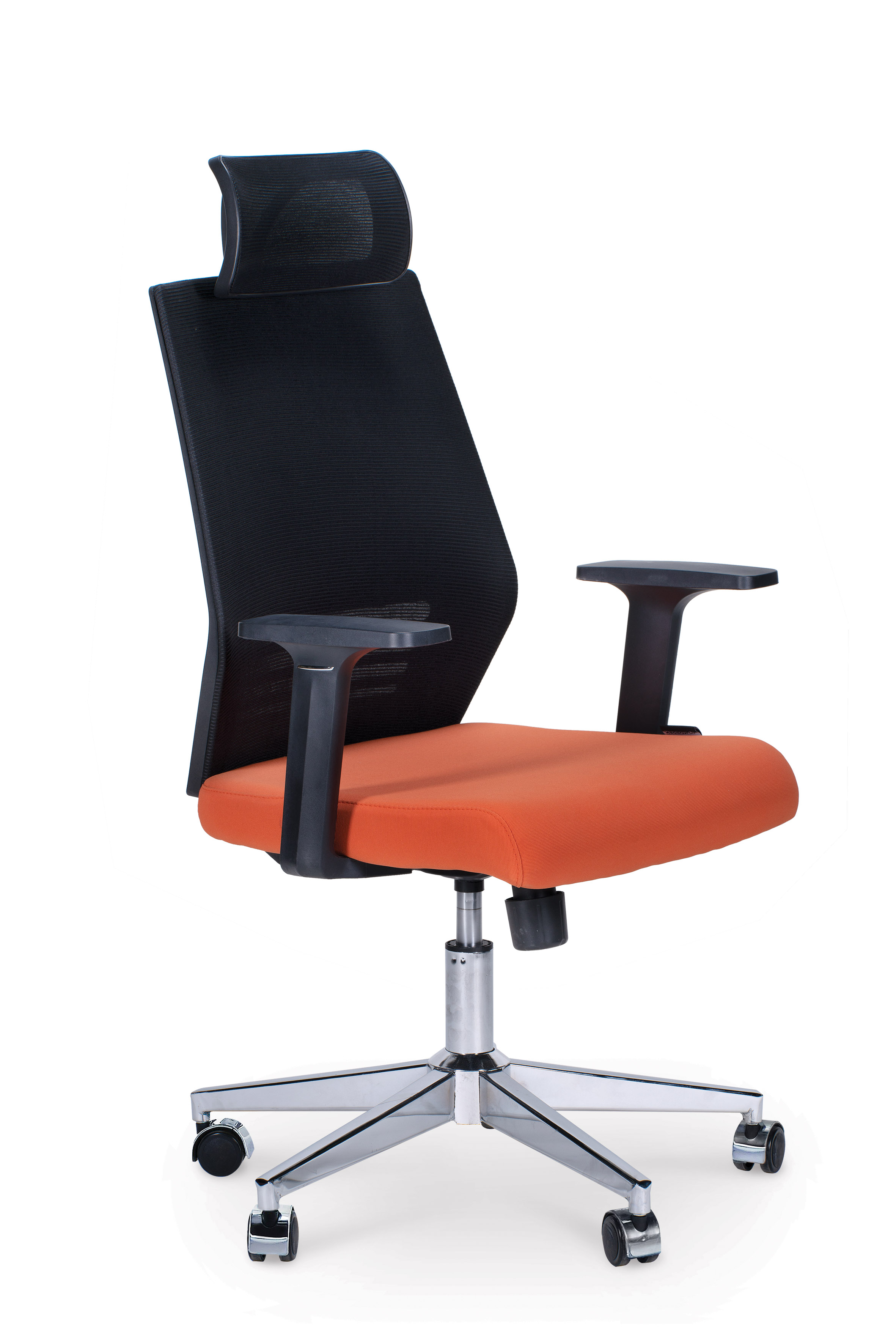 Кресло офисное / Престиж black / черный пластик / черная сетка / оранжевая ткань